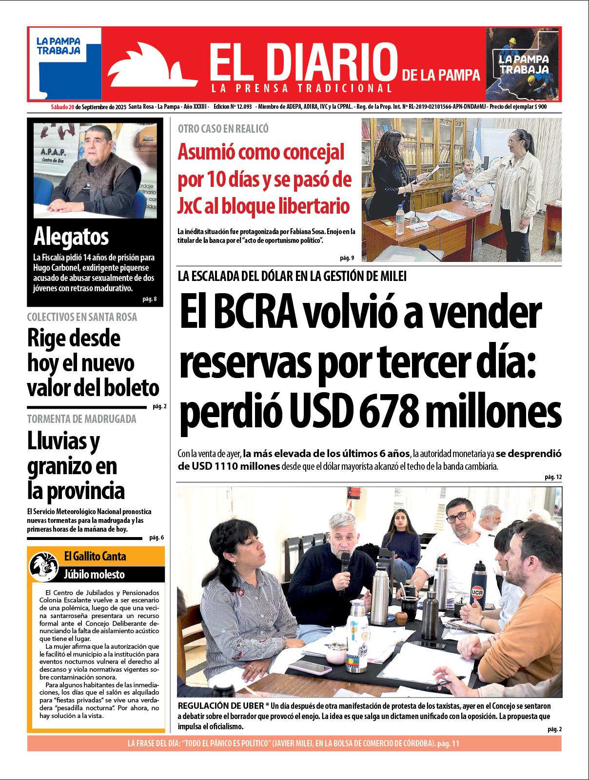 Tapa de El Diario en papel  saacutebado 20 de septiembre de 2025